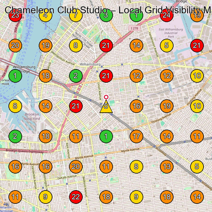 Chameleon Club Studio Art Studio GeoGrid ranking map for Brooklyn NY